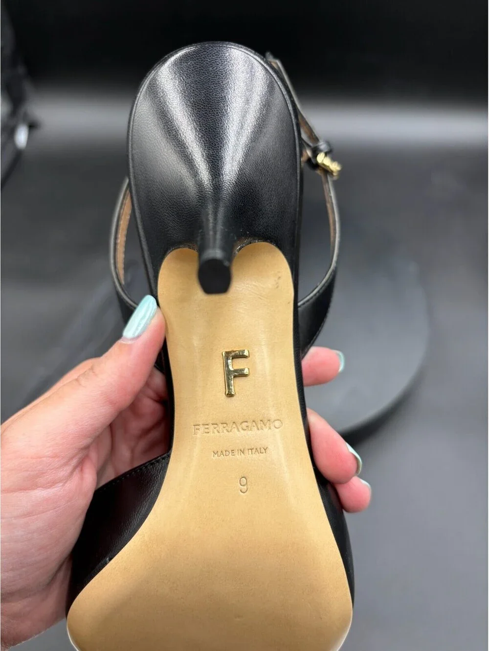 Ferragamo Black Leather Pointed Toe Slingback Heels with Off
